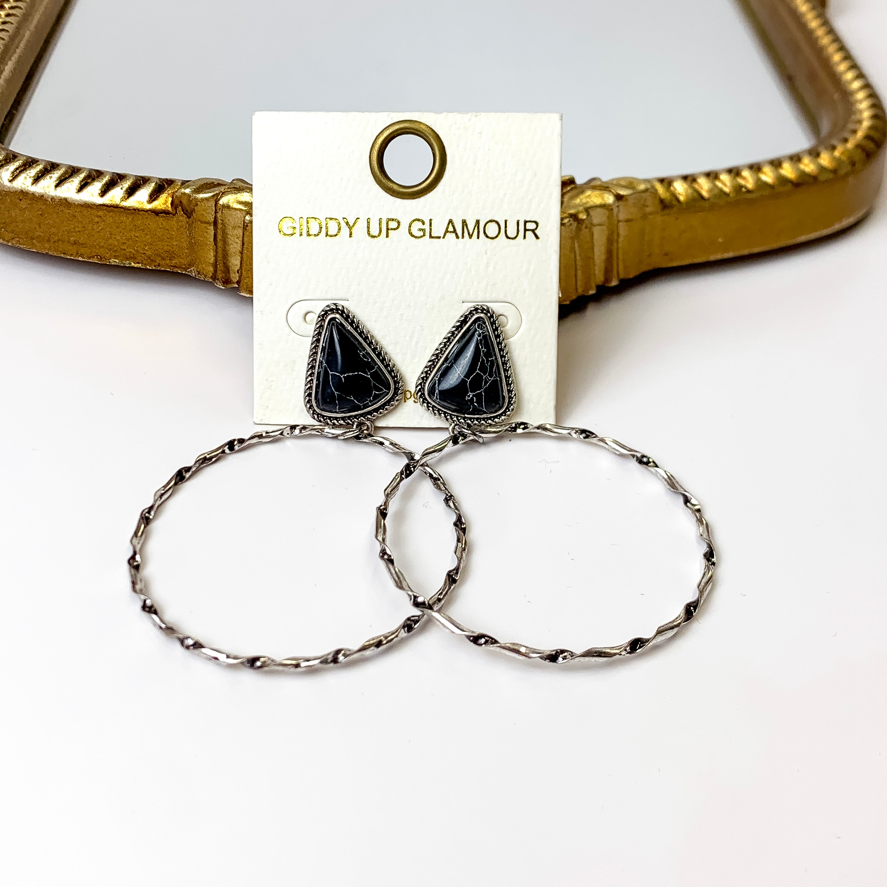 Triangle Stone Post Hoop Earrings in Black - Giddy Up Glamour Boutique