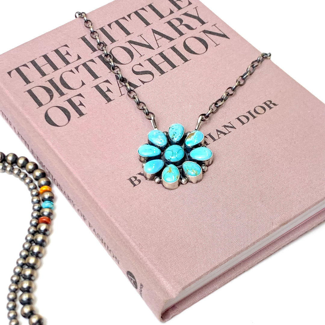 Anderson Largo | Navajo Handmade Sterling Silver Cluster Pendant with Kingman Turquoise Stone - Giddy Up Glamour Boutique