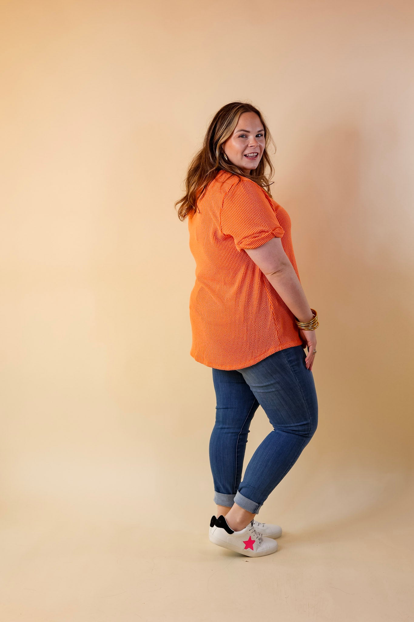 Only True Love Ribbed Short Sleeve Top with Front Pocket in Orange - Giddy Up Glamour Boutique