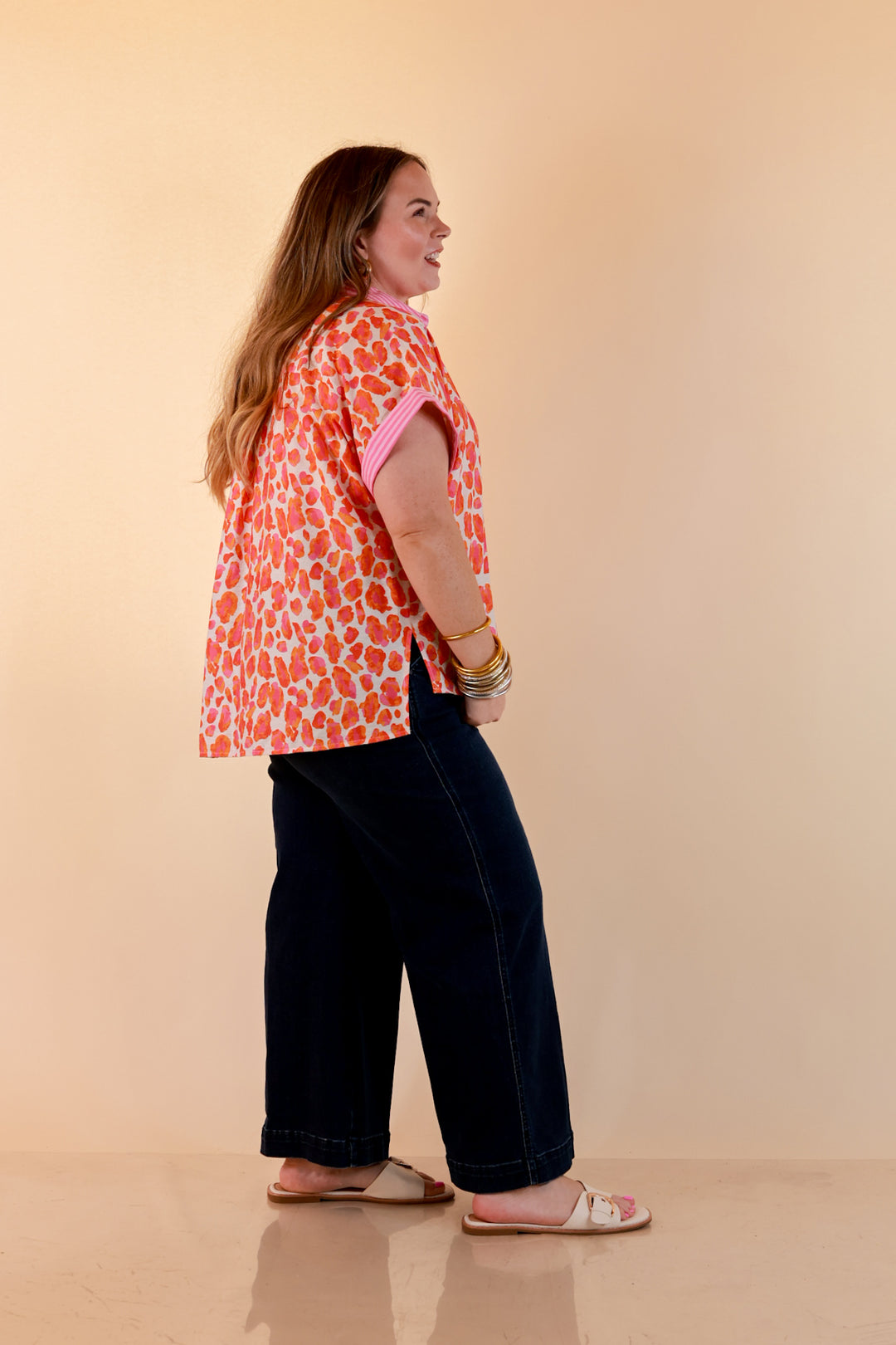 Talk the Talk Leopard Print Button Front Top with Stripe Contrast Collar in Pink and Orange