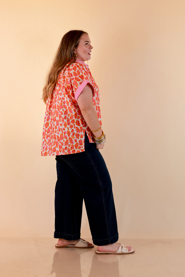 Talk the Talk Leopard Print Button Front Top with Stripe Contrast Collar in Pink and Orange
