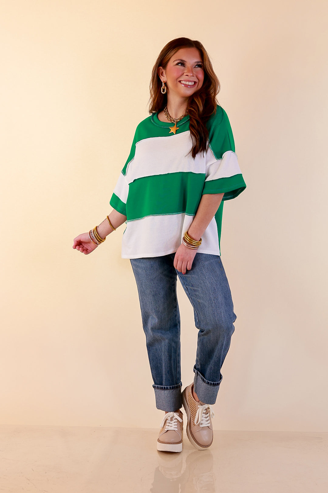 Simply Striking Color Block Rugby Style Wide Stripe Relaxed Short Sleeve Top in Kelly Green