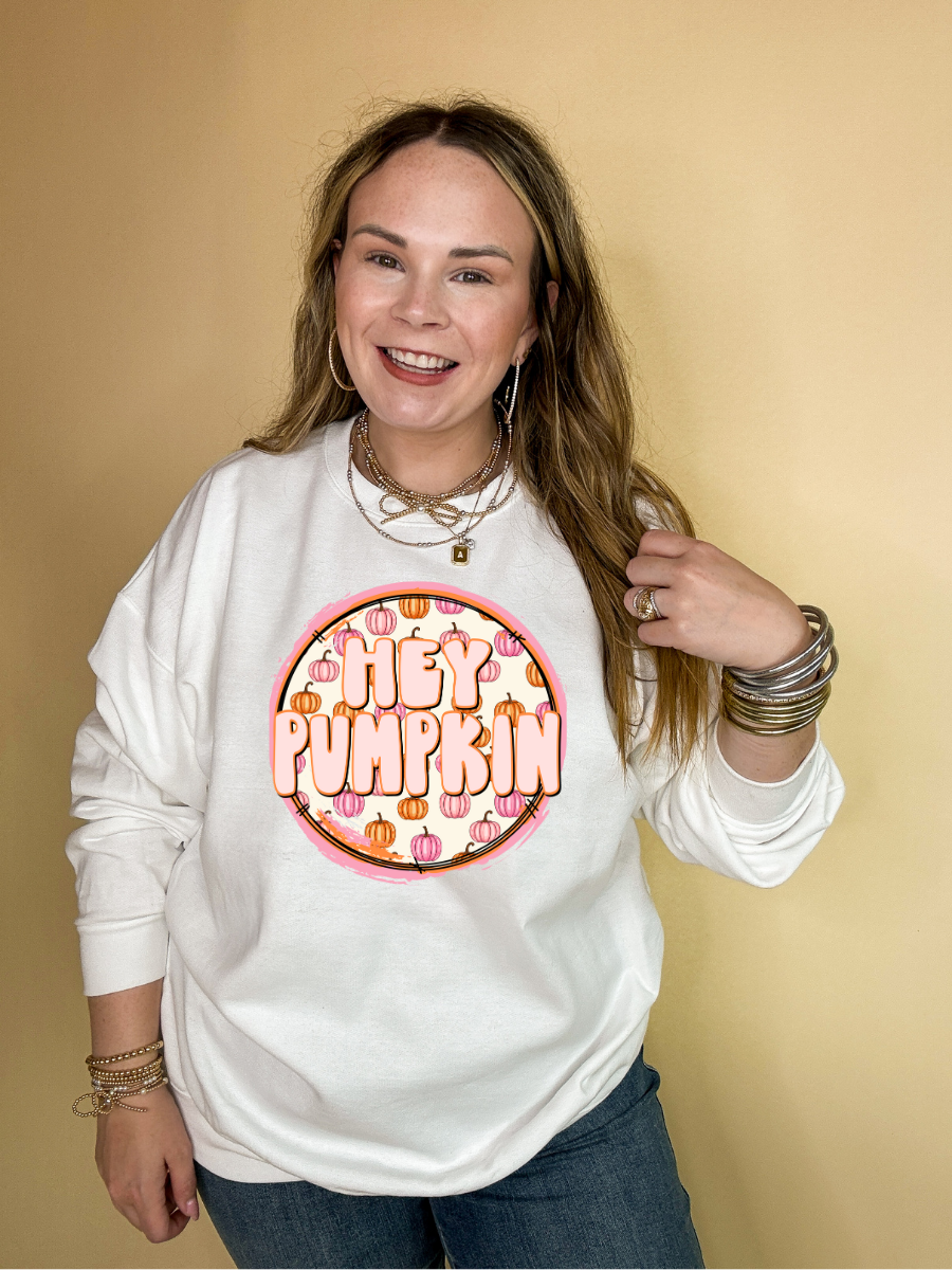 Online Exclusive | Hey Pumpkin with Mini pink and Orange pumpkins Graphic Sweatshirt in Multiple Color Options