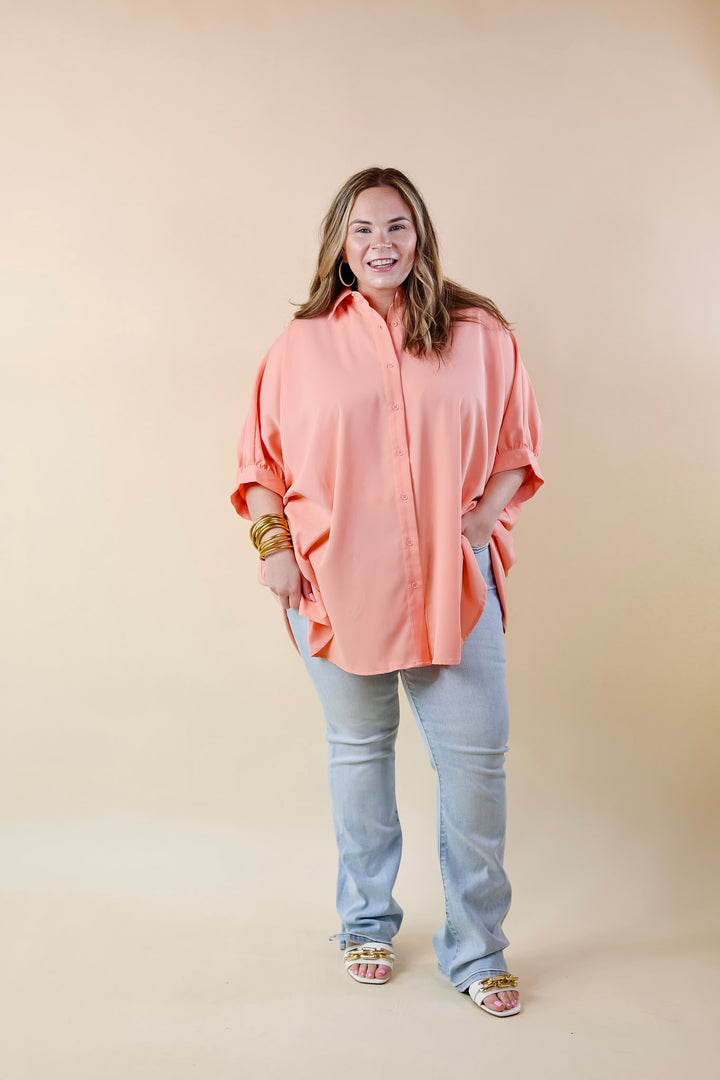 City Lifestyle Button Up Half Sleeve Poncho Top in Peach Fuzz - Giddy Up Glamour Boutique