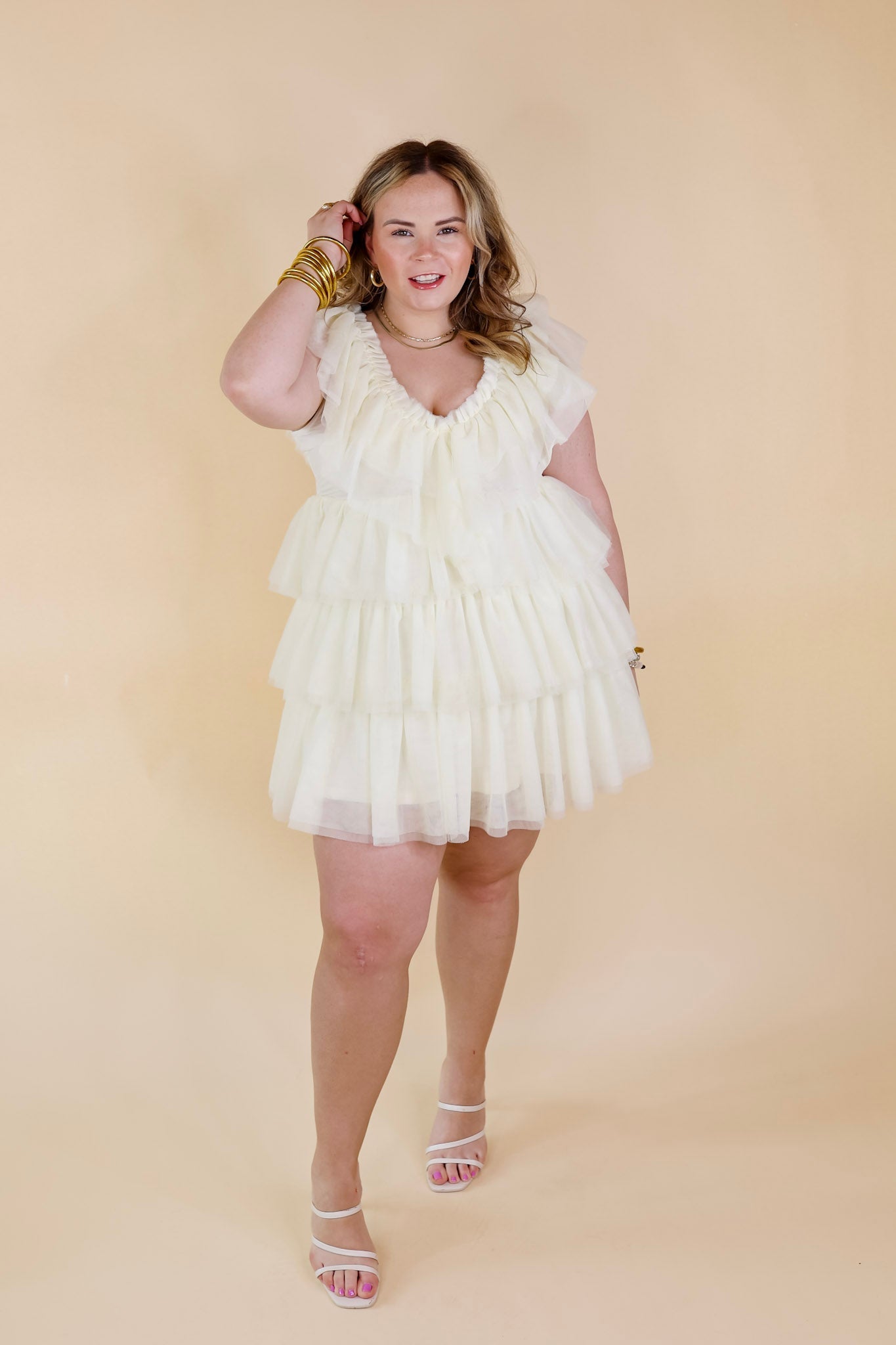 Dazzle The Room Tulle Tiered Dress in Ivory - Giddy Up Glamour Boutique