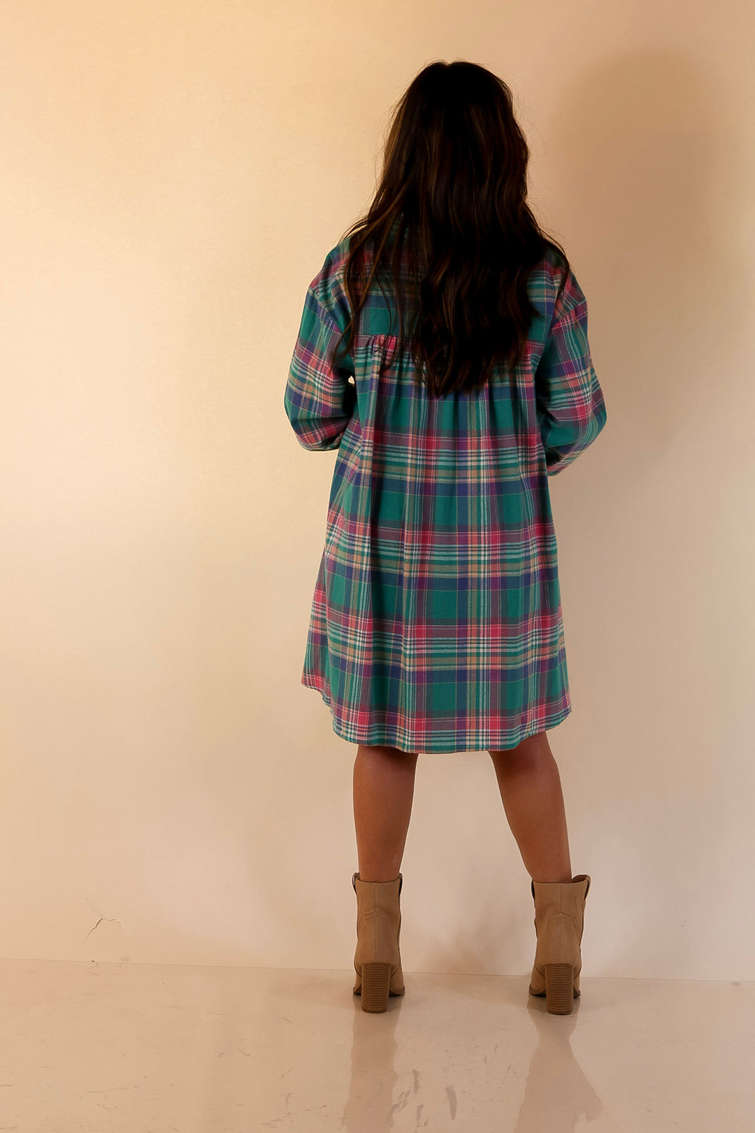 Vibrant Lifestyle Plaid Button Up Dress in Teal and Pink