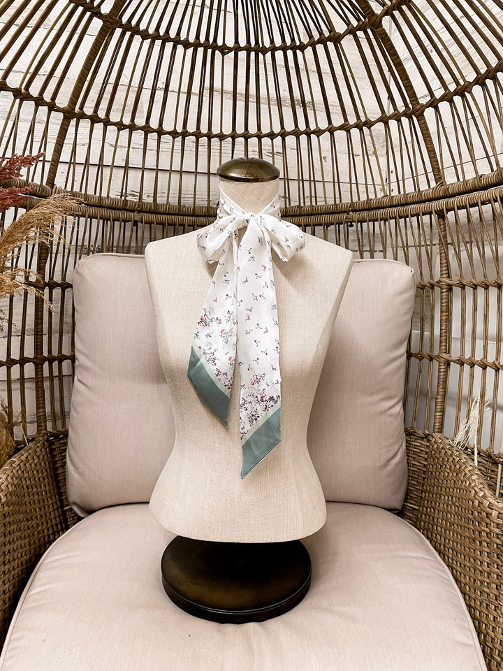 Wyoming Traders | Garden Charmeuse Floral Print Silk Twilly Scarf in White