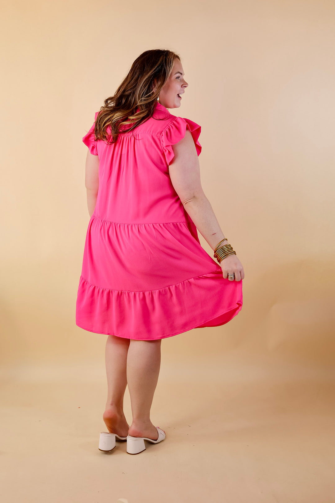 All Of A Sudden Ruffle Cap Sleeve Short Dress in Hot Pink - Giddy Up Glamour Boutique