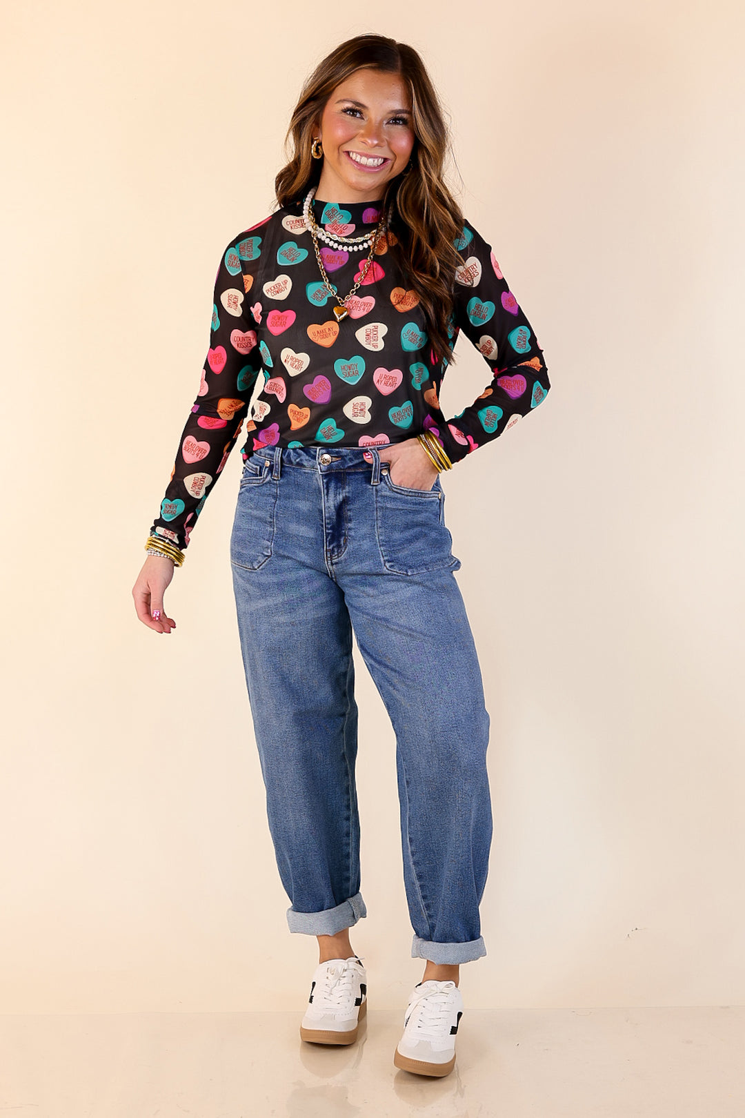 Sheer Confidence Western Theme Conversation Heart Print Mesh Long Sleeve Top in Black