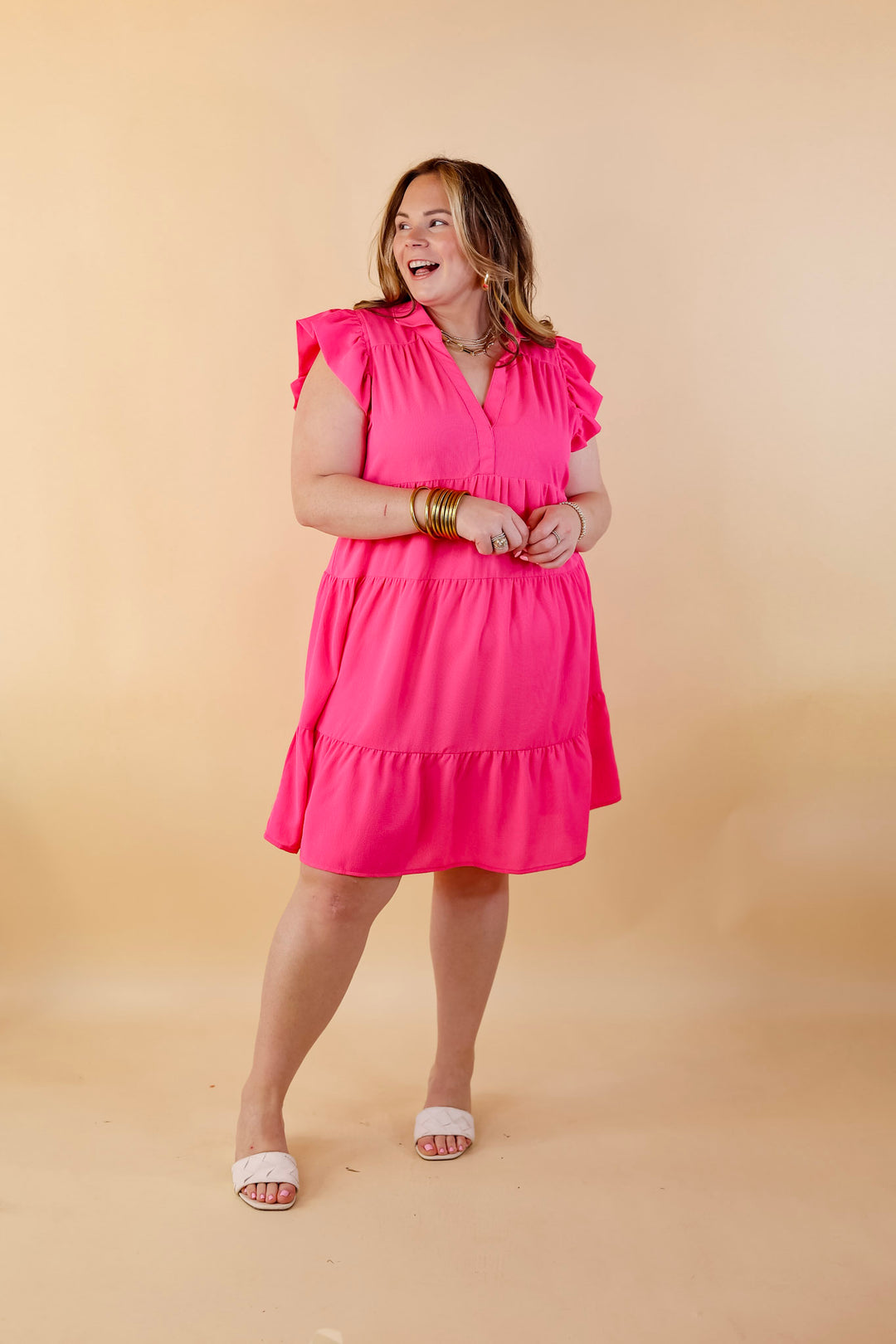 All Of A Sudden Ruffle Cap Sleeve Short Dress in Hot Pink - Giddy Up Glamour Boutique