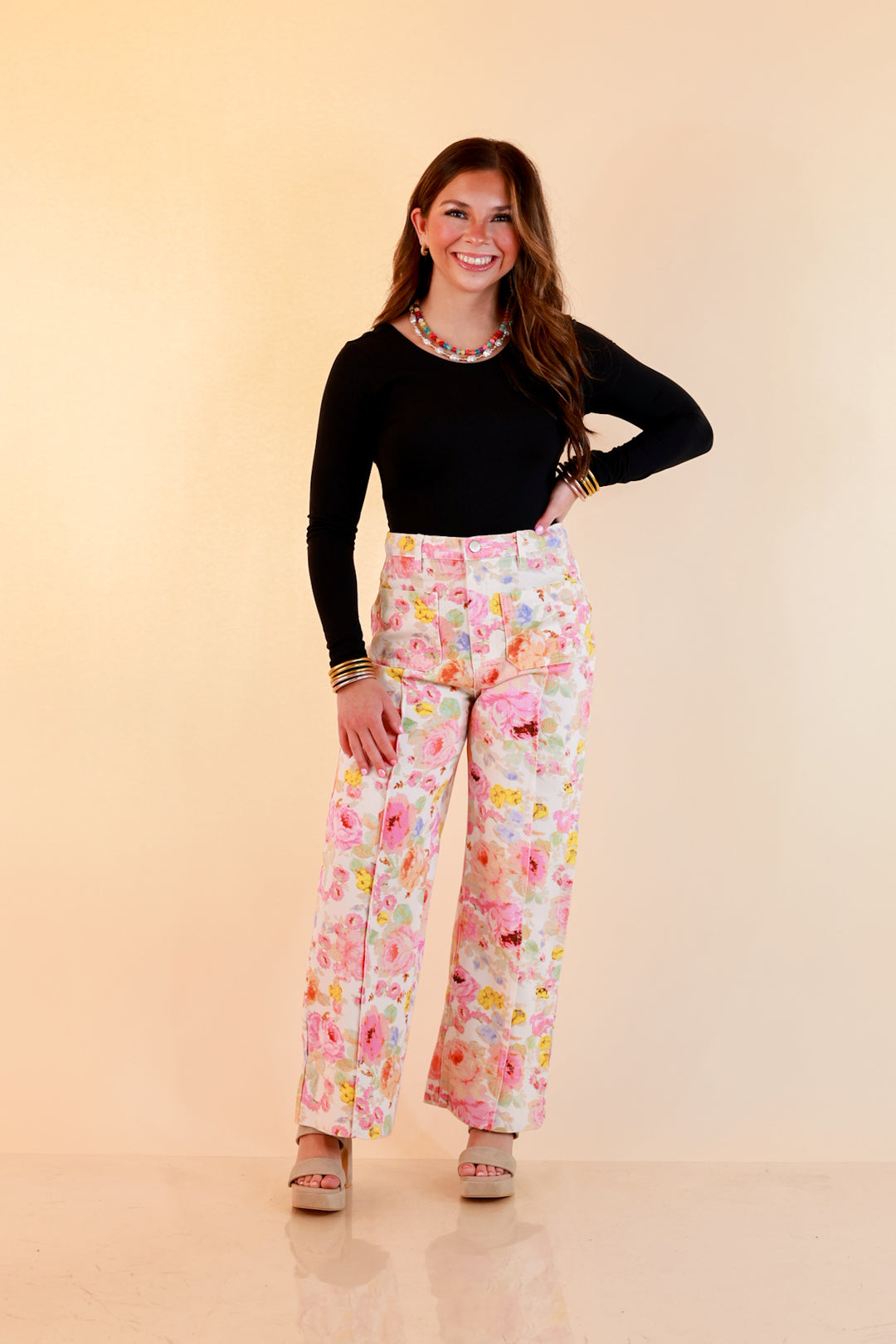 Rosy Outlook Floral Print Wide Leg Denim Pants with Front Seam in Cream