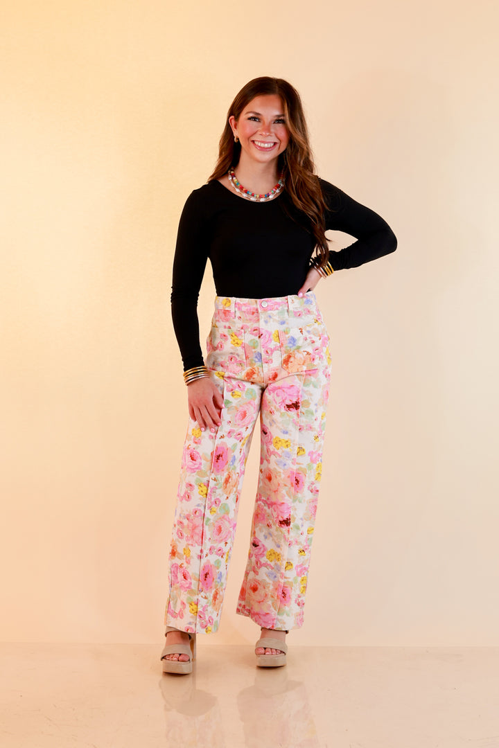 Rosy Outlook Floral Print Wide Leg Denim Pants with Front Seam in Cream