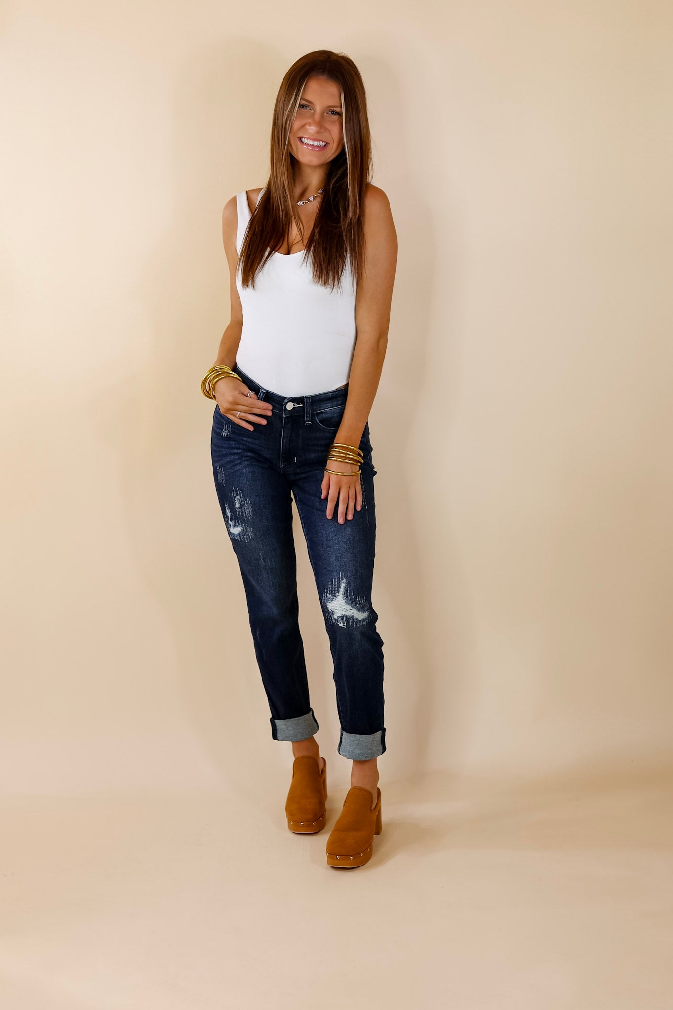 Judy Blue | Cute Energy Cuffed Jeans with Distressed Stitching in Dark Wash - Giddy Up Glamour Boutique