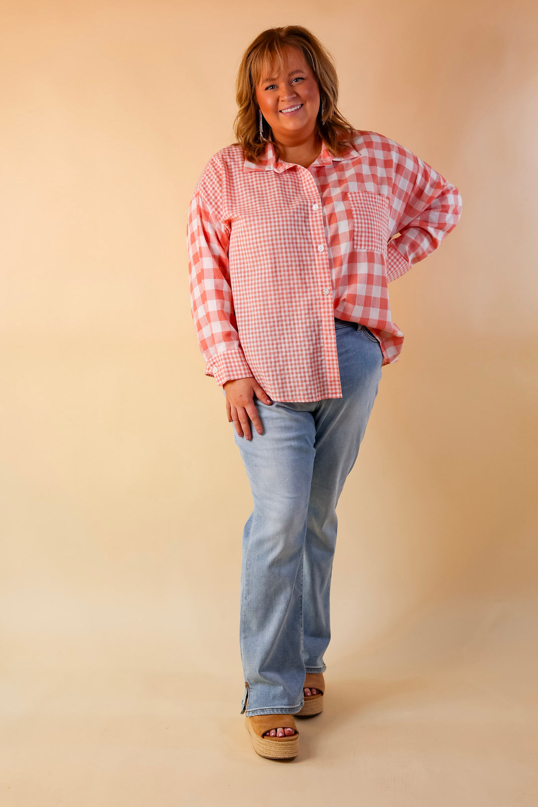 Waiting For You Mix Plaid Button Up Top in Coral Orange - Giddy Up Glamour Boutique