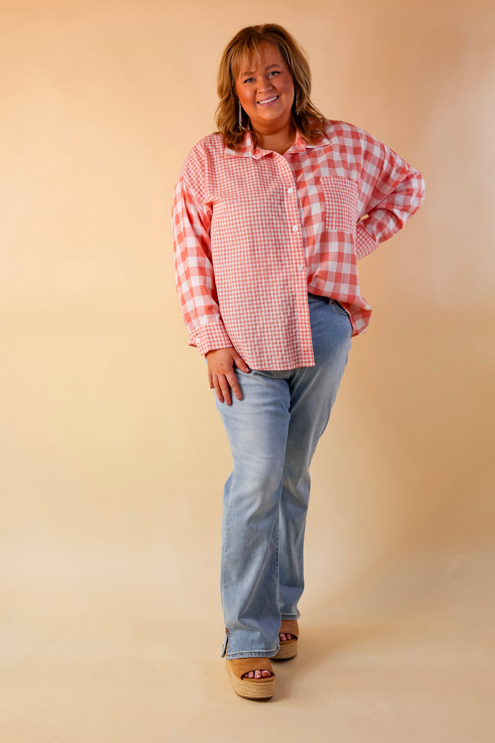 Waiting For You Mix Plaid Button Up Top in Coral Orange - Giddy Up Glamour Boutique