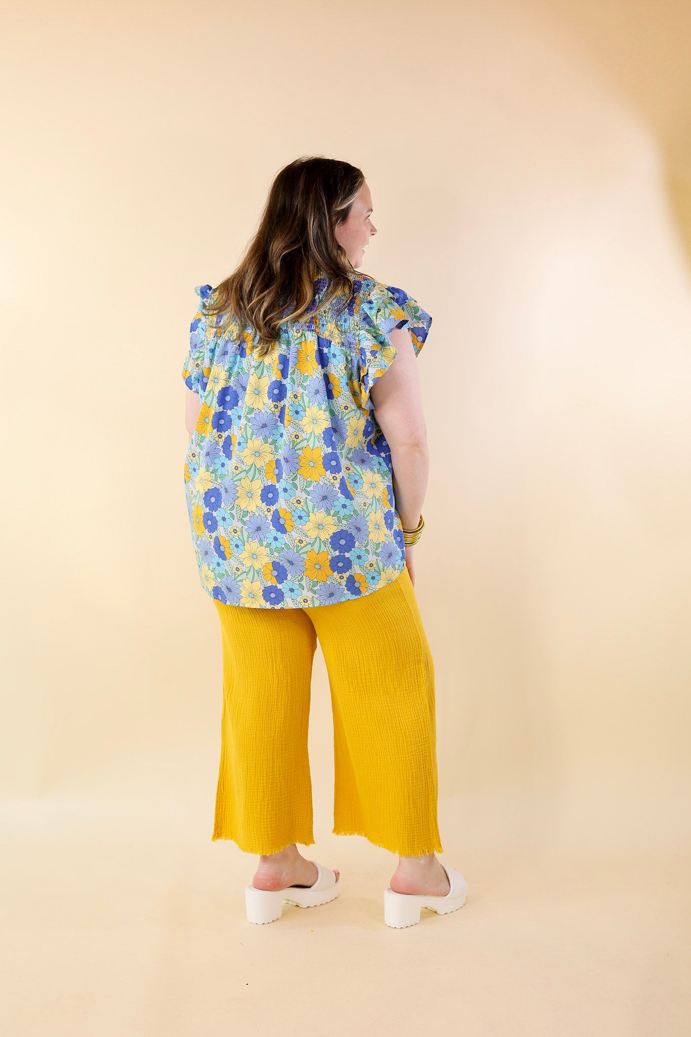 Right On Cue Elastic Waistband Cropped Pants with Frayed Hem in Yellow - Giddy Up Glamour Boutique