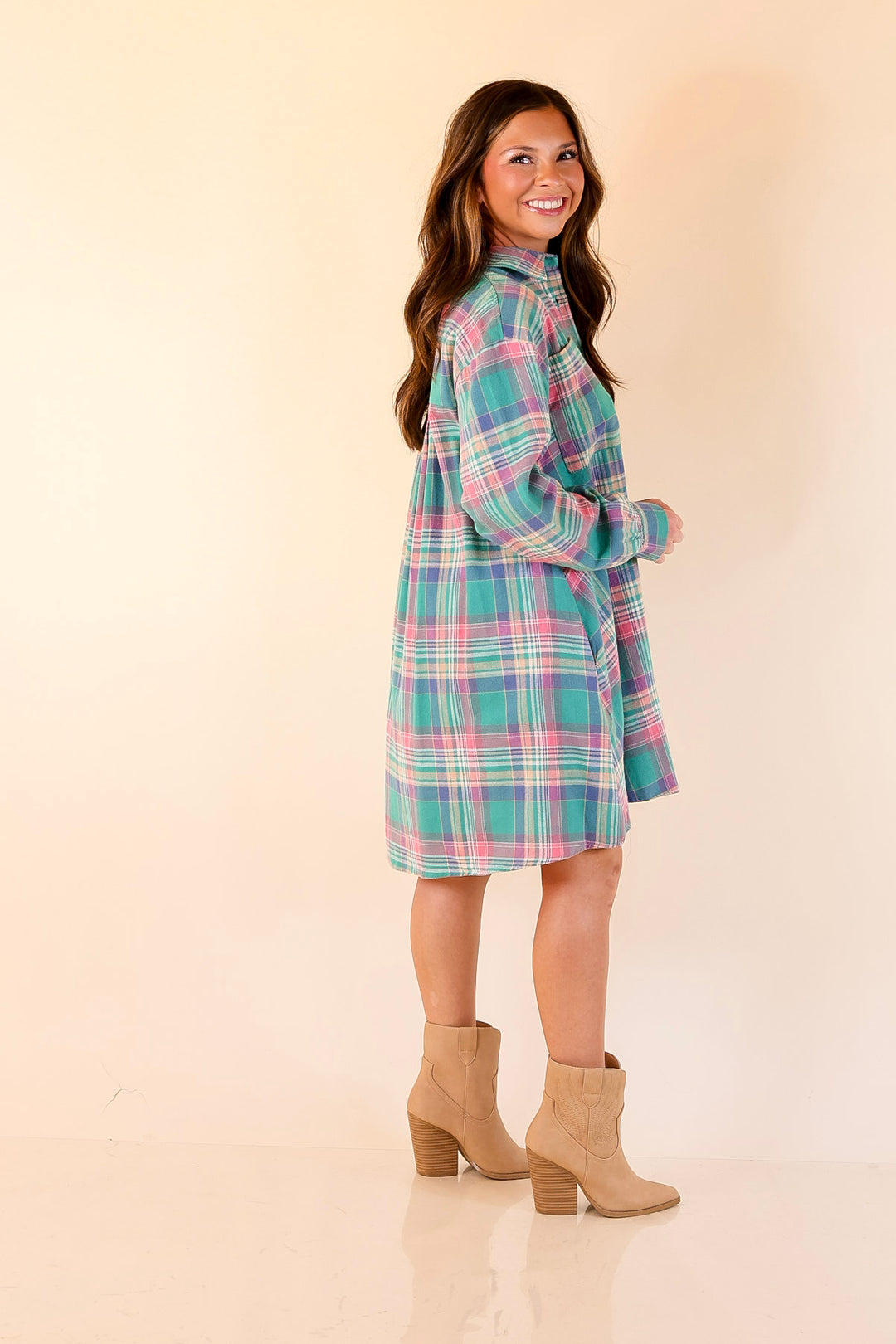Vibrant Lifestyle Plaid Button Up Dress in Teal and Pink