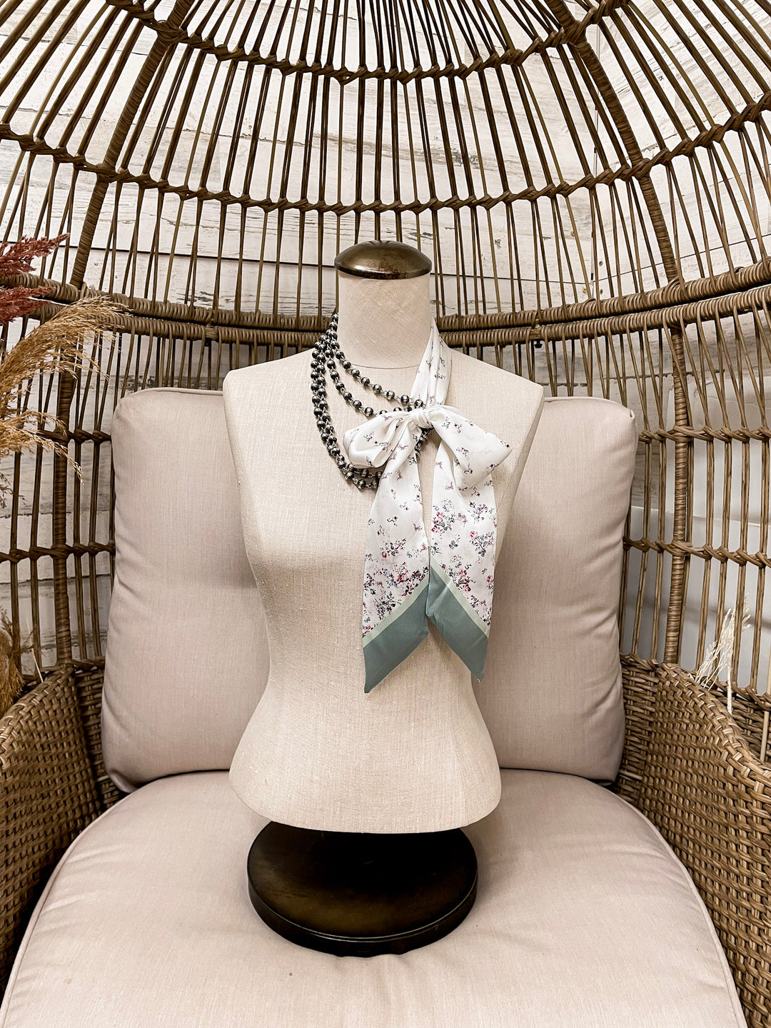 Wyoming Traders | Garden Charmeuse Floral Print Silk Twilly Scarf in White