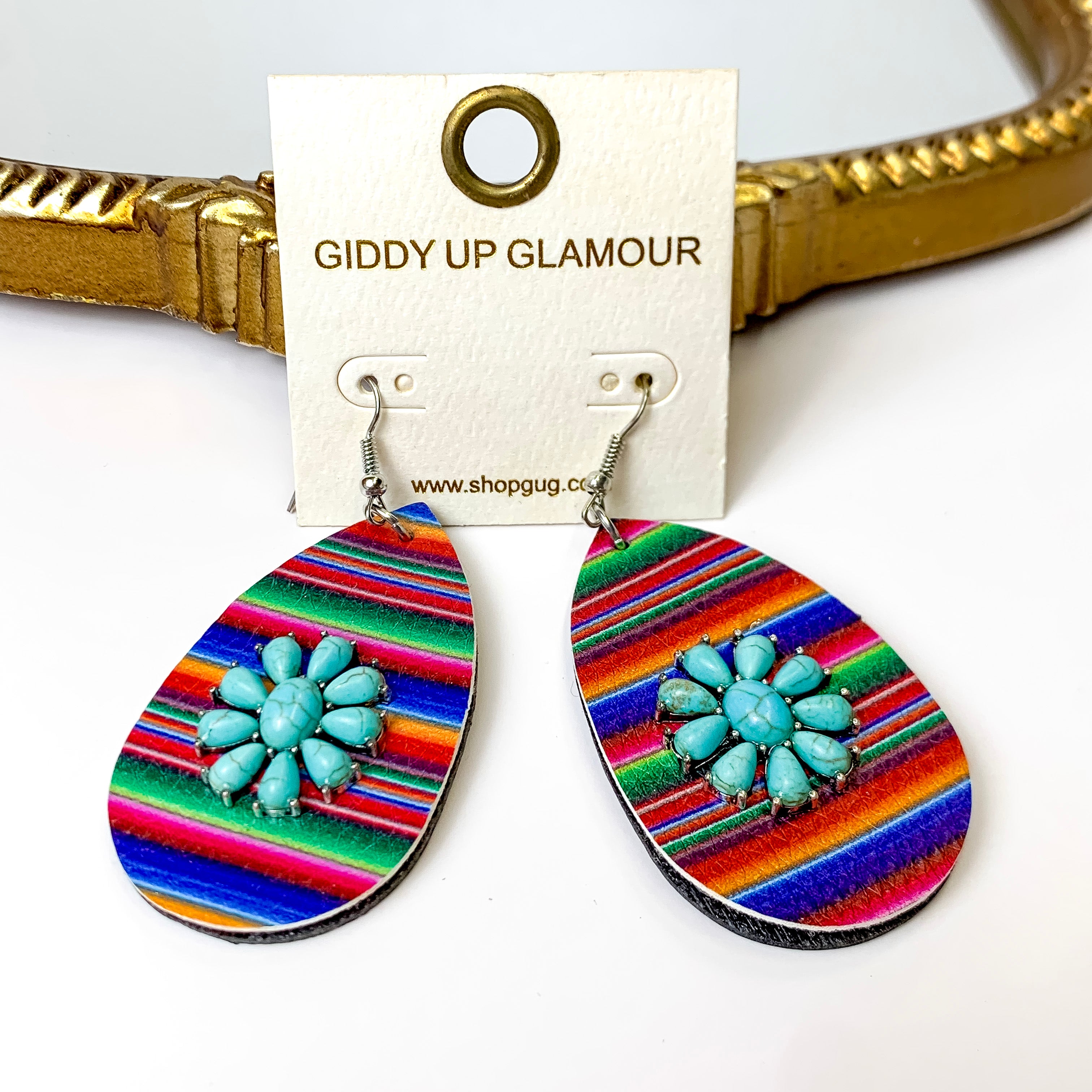 Faux Leather Serape Print Teardrop Earrings With Faux Turquoise Stone Flower - Giddy Up Glamour Boutique