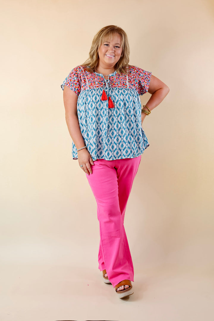 Fredericksburg In the Spring Aztec Print Embroidered Top with Front Keyhole in Turquoise Blue - Giddy Up Glamour Boutique