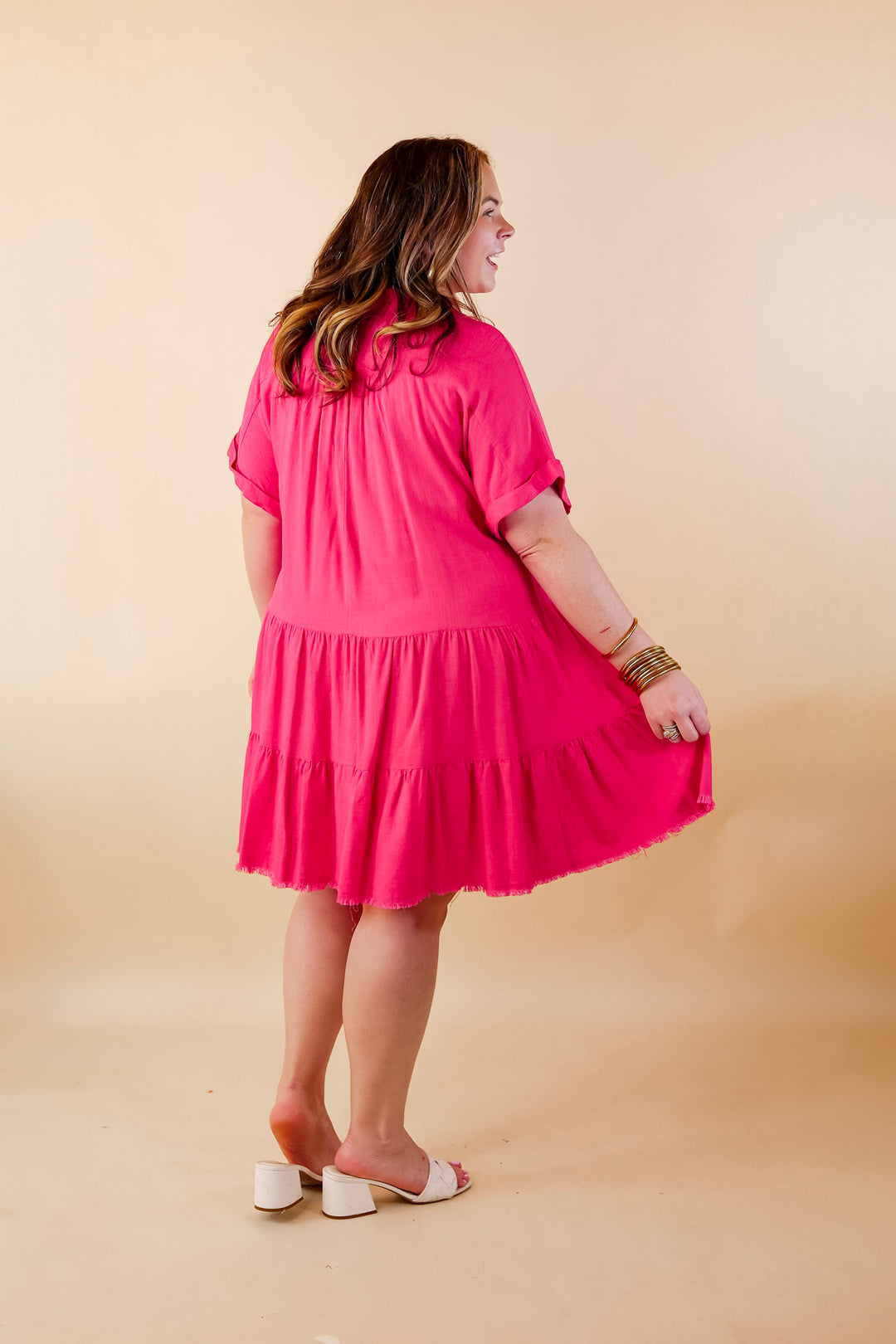 Taos Transitions Ruffle Tiered Collared Dress with Frayed Hem in Hot Pink - Giddy Up Glamour Boutique