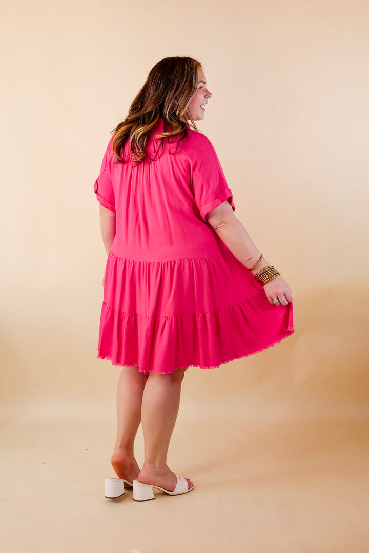 Taos Transitions Ruffle Tiered Collared Dress with Frayed Hem in Hot Pink - Giddy Up Glamour Boutique