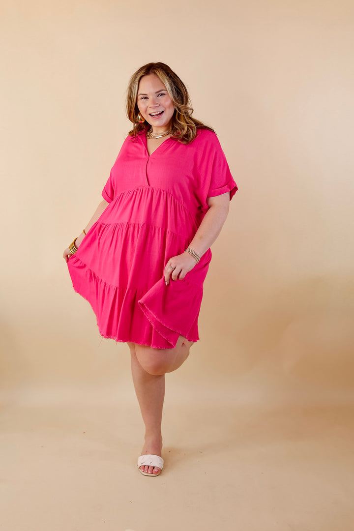 Taos Transitions Ruffle Tiered Collared Dress with Frayed Hem in Hot Pink - Giddy Up Glamour Boutique