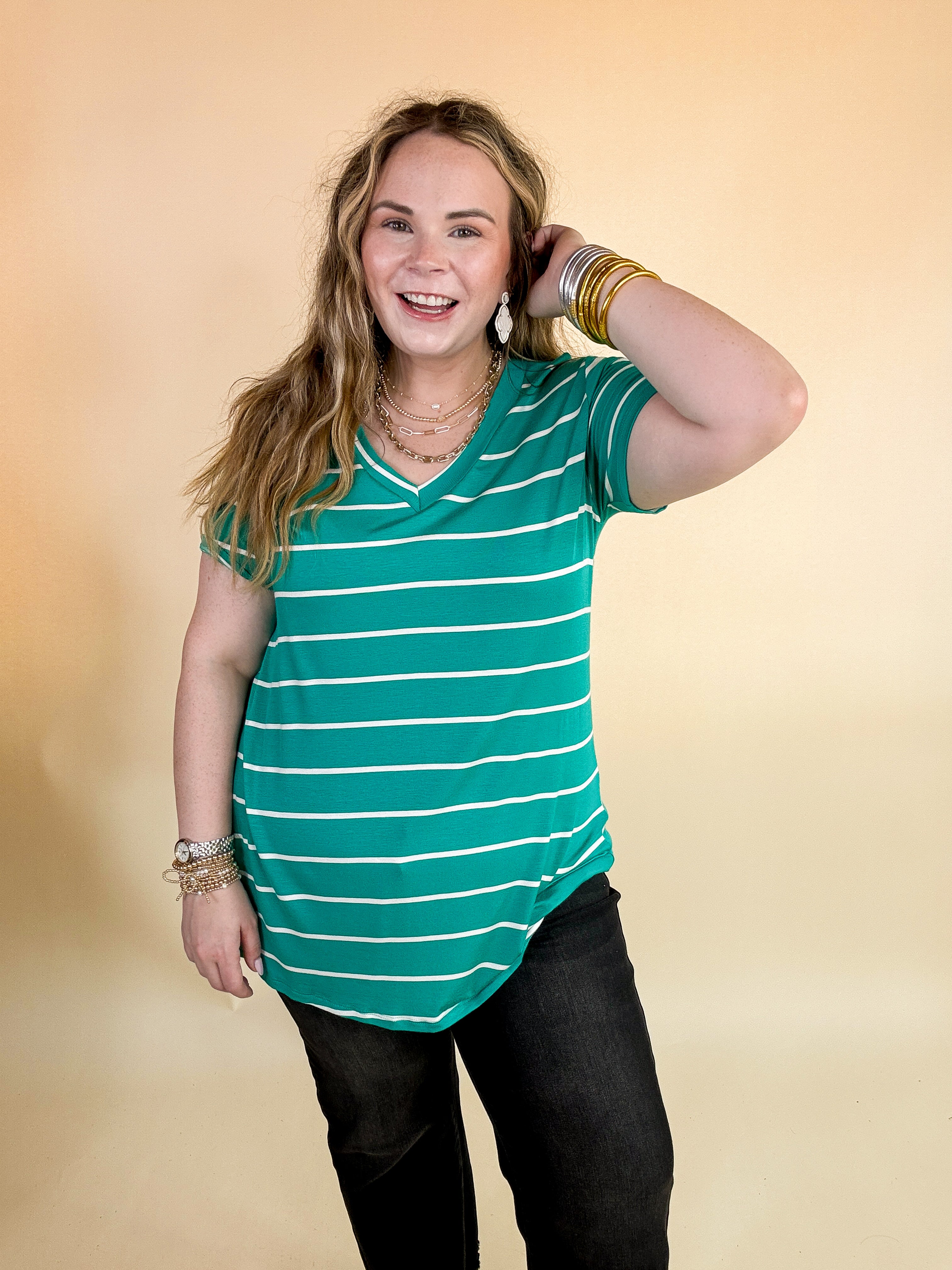 Keep Things Casual Striped V Neck Tee in Teal