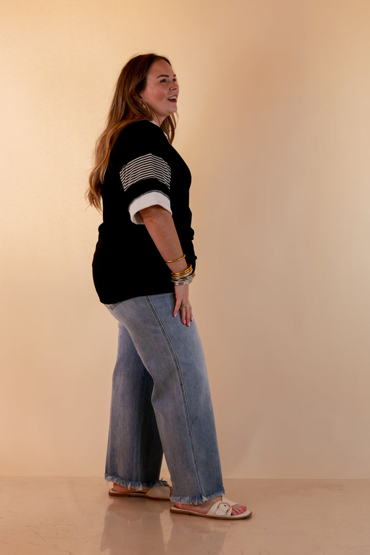 Chic by Design Ribbed Collared Top with Contrast Stripe Short Sleeves in Black