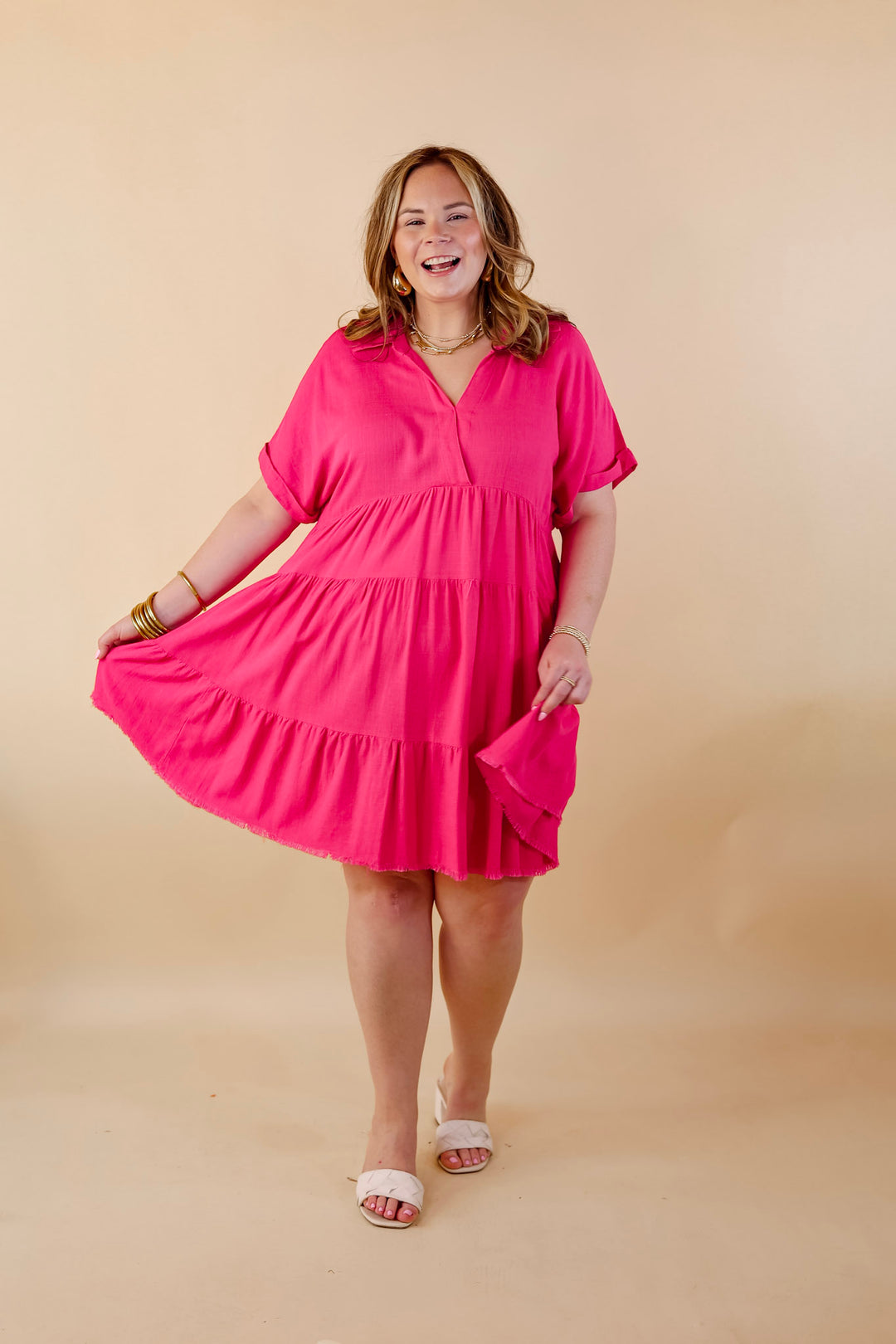Taos Transitions Ruffle Tiered Collared Dress with Frayed Hem in Hot Pink - Giddy Up Glamour Boutique