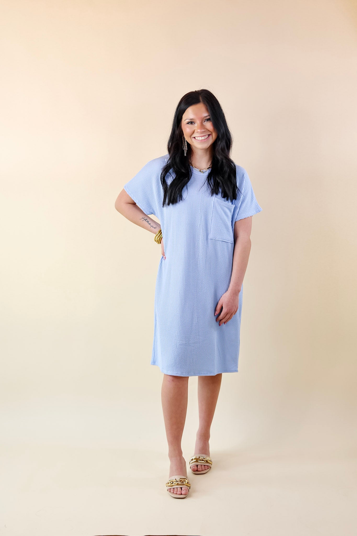 Coffee and Carefree Ribbed Short Sleeve Dress with Front Pocket in Sky Blue - Giddy Up Glamour Boutique