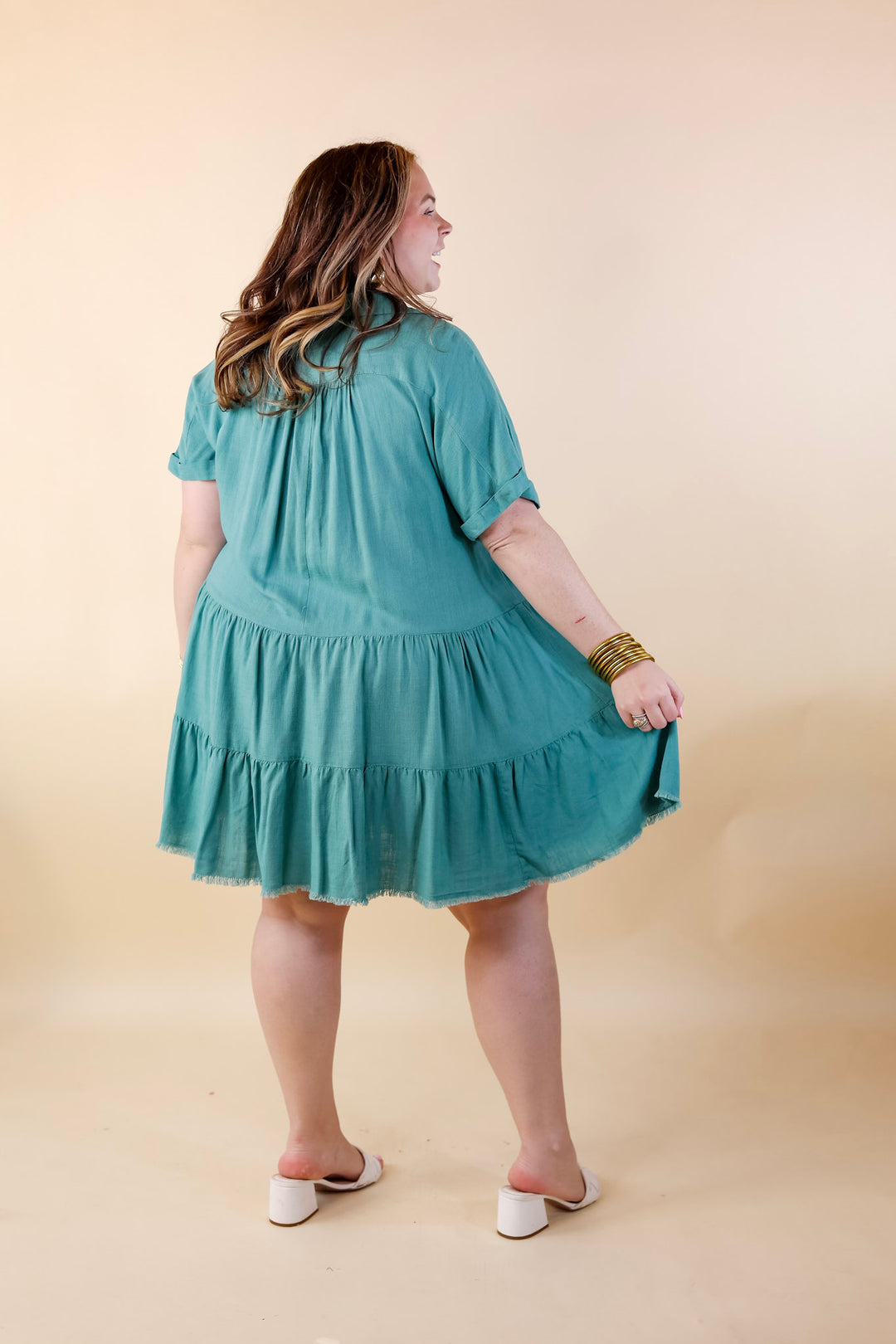 Taos Transitions Ruffle Tiered Collared Dress with Frayed Hem in Turquoise - Giddy Up Glamour Boutique