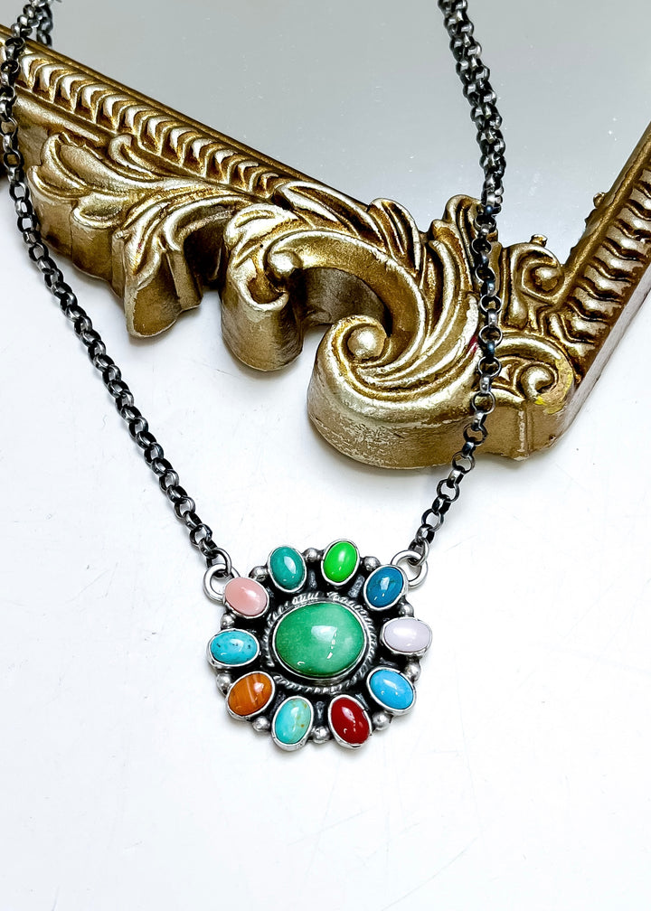 Marcella James | Sterling Silver Native American Handmade Multi Color Cluster Necklace