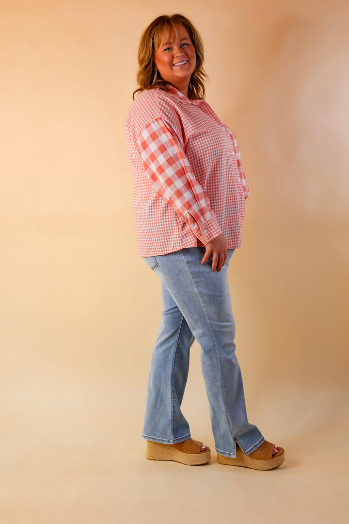 Waiting For You Mix Plaid Button Up Top in Coral Orange - Giddy Up Glamour Boutique