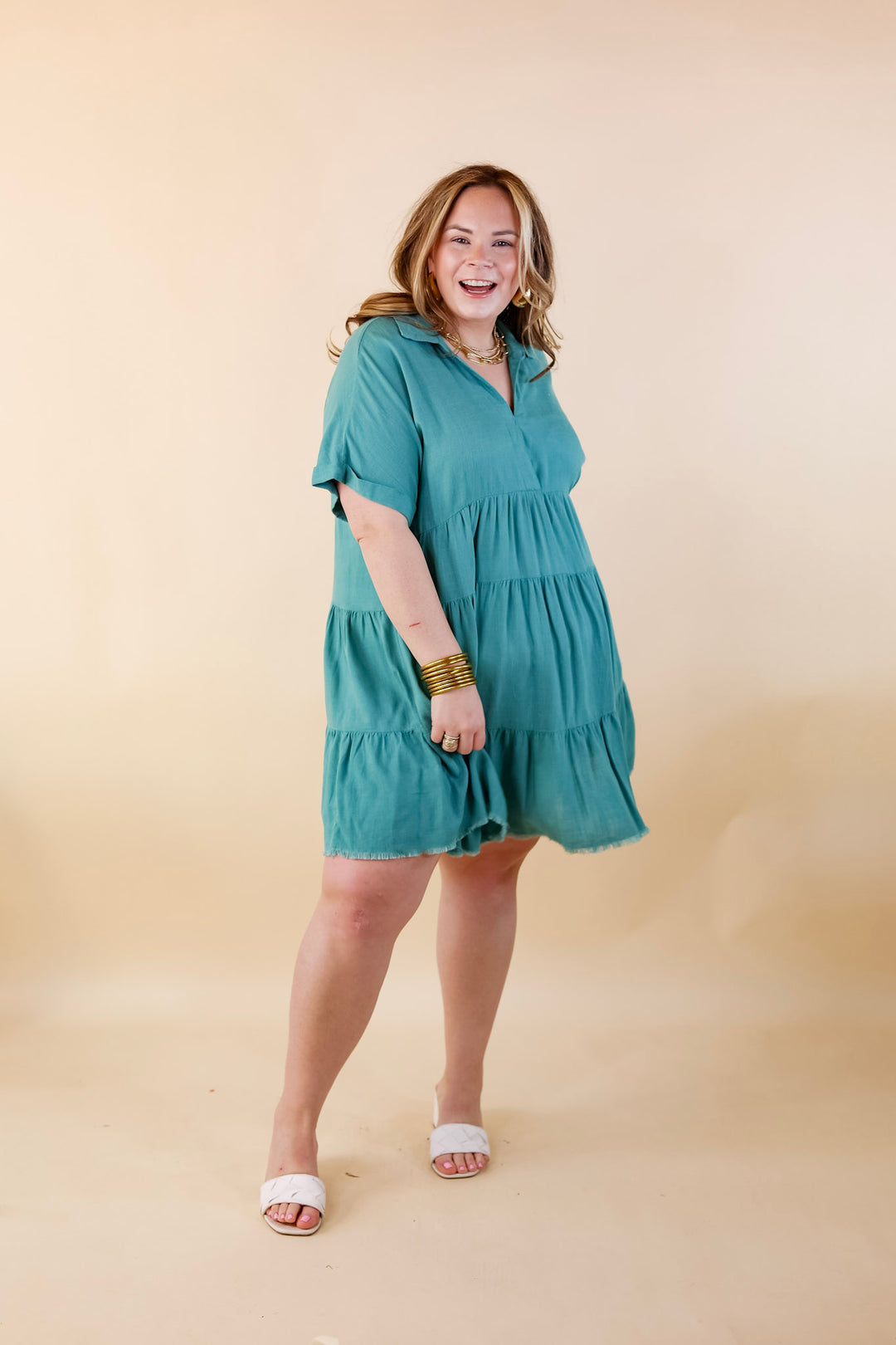 Taos Transitions Ruffle Tiered Collared Dress with Frayed Hem in Turquoise - Giddy Up Glamour Boutique