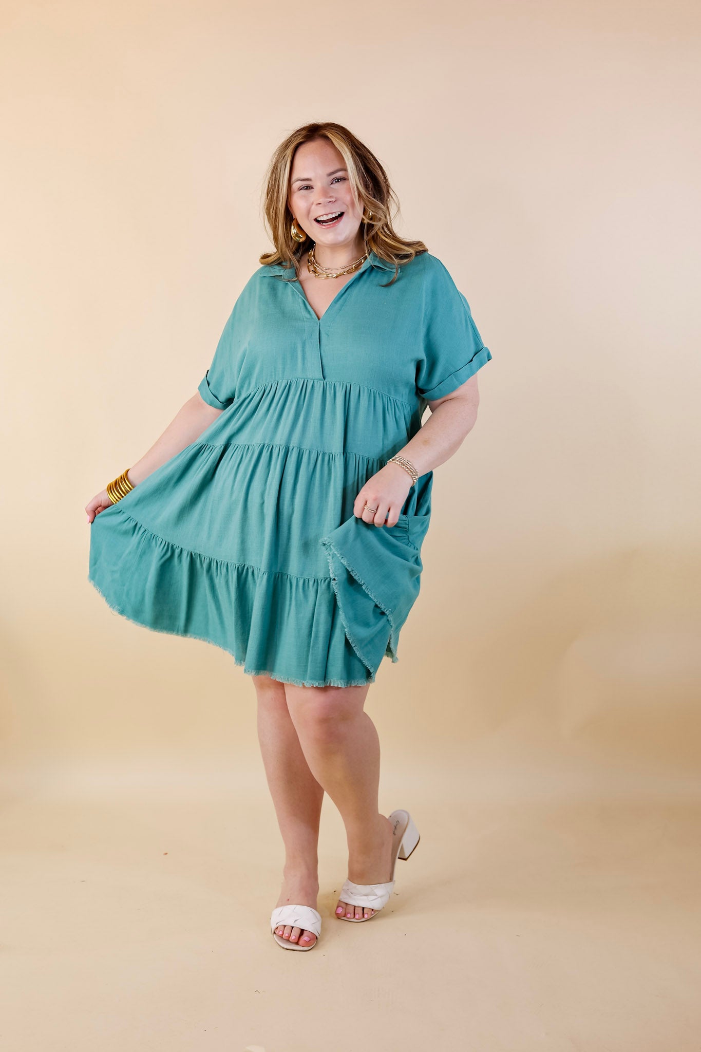 Taos Transitions Ruffle Tiered Collared Dress with Frayed Hem in Turquoise - Giddy Up Glamour Boutique