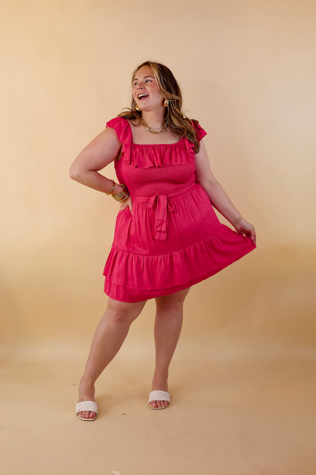 Feeling Refined Ruffle Tiered Dress with Smocked Bodice in Hot Pink - Giddy Up Glamour Boutique