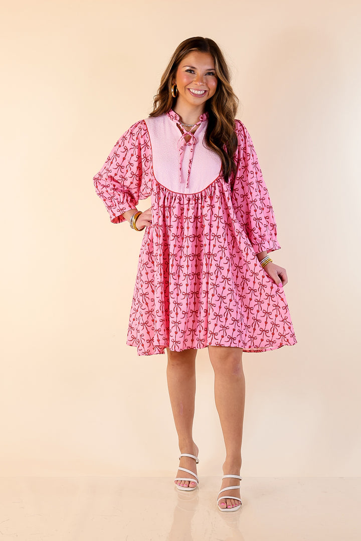 Simply Southern | Charming as Ever Red Bow and Heart Print Dress with Pink Pinstripe Front Yoke in Pink