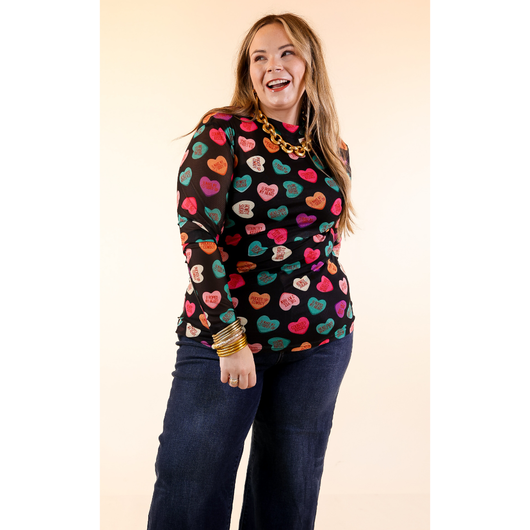 Sheer Confidence Western Theme Conversation Heart Print Mesh Long Sleeve Top in Black