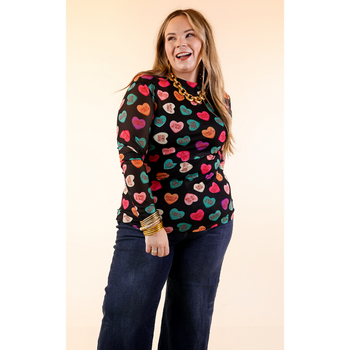 Sheer Confidence Western Theme Conversation Heart Print Mesh Long Sleeve Top in Black