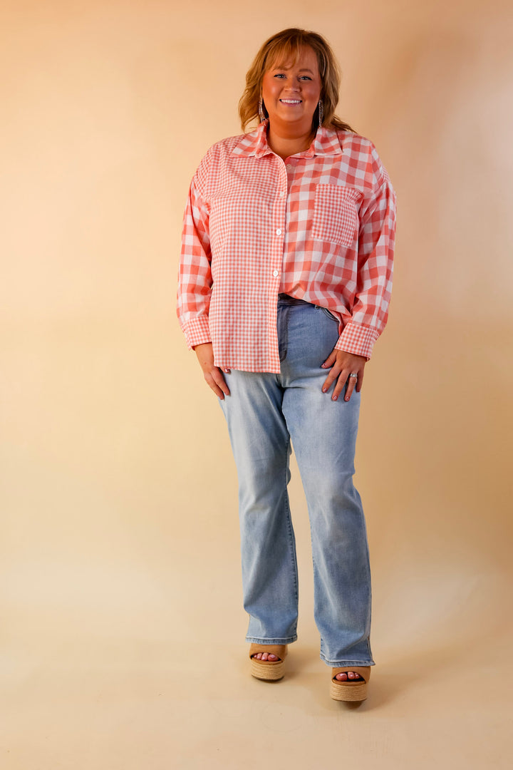 Waiting For You Mix Plaid Button Up Top in Coral Orange - Giddy Up Glamour Boutique