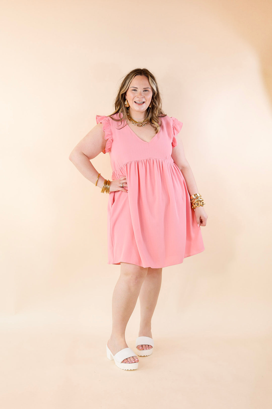 Capture Your Attention V Neck Dress with Ruffle Cap Sleeves in Bubblegum Pink - Giddy Up Glamour Boutique