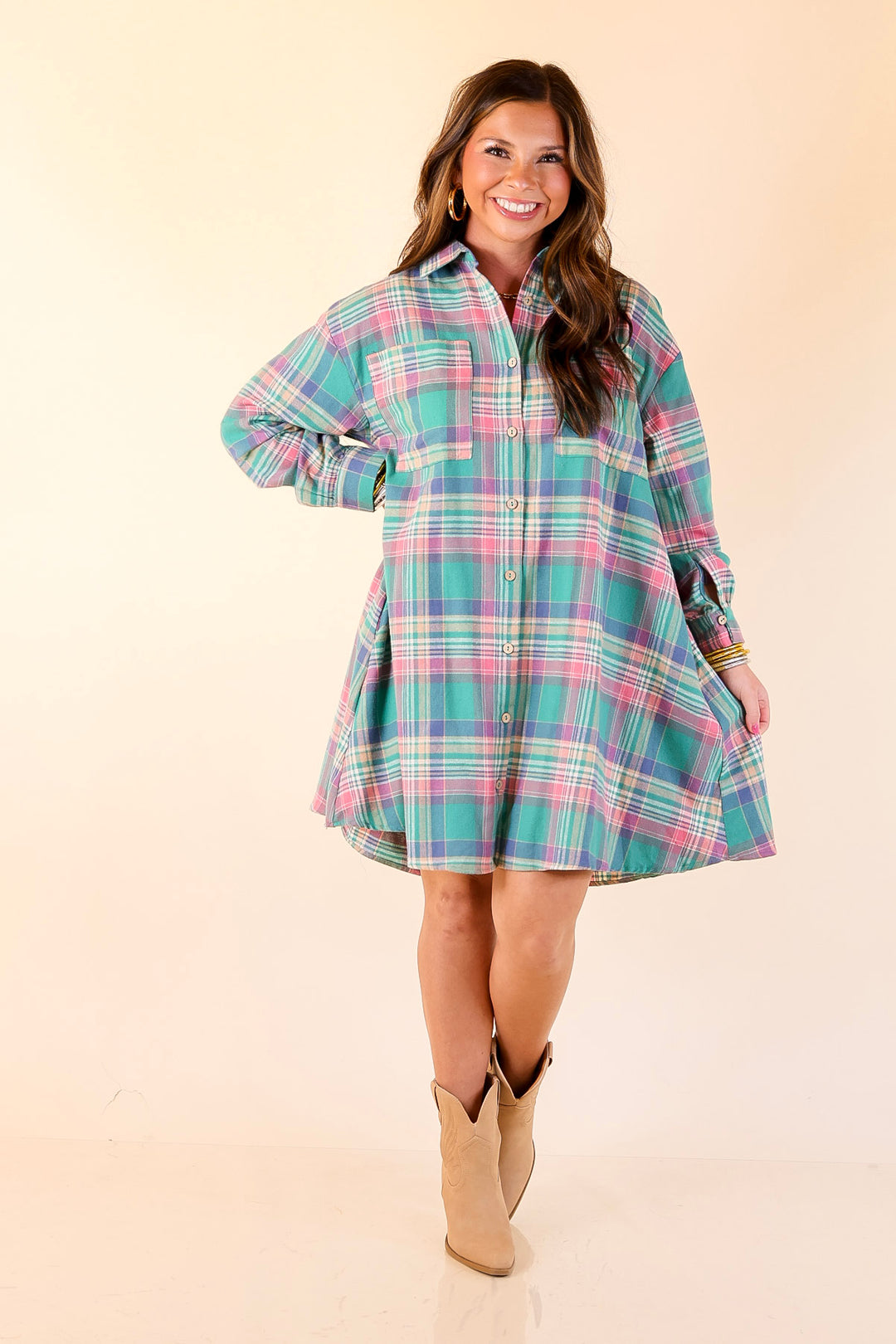 Vibrant Lifestyle Plaid Button Up Dress in Teal and Pink