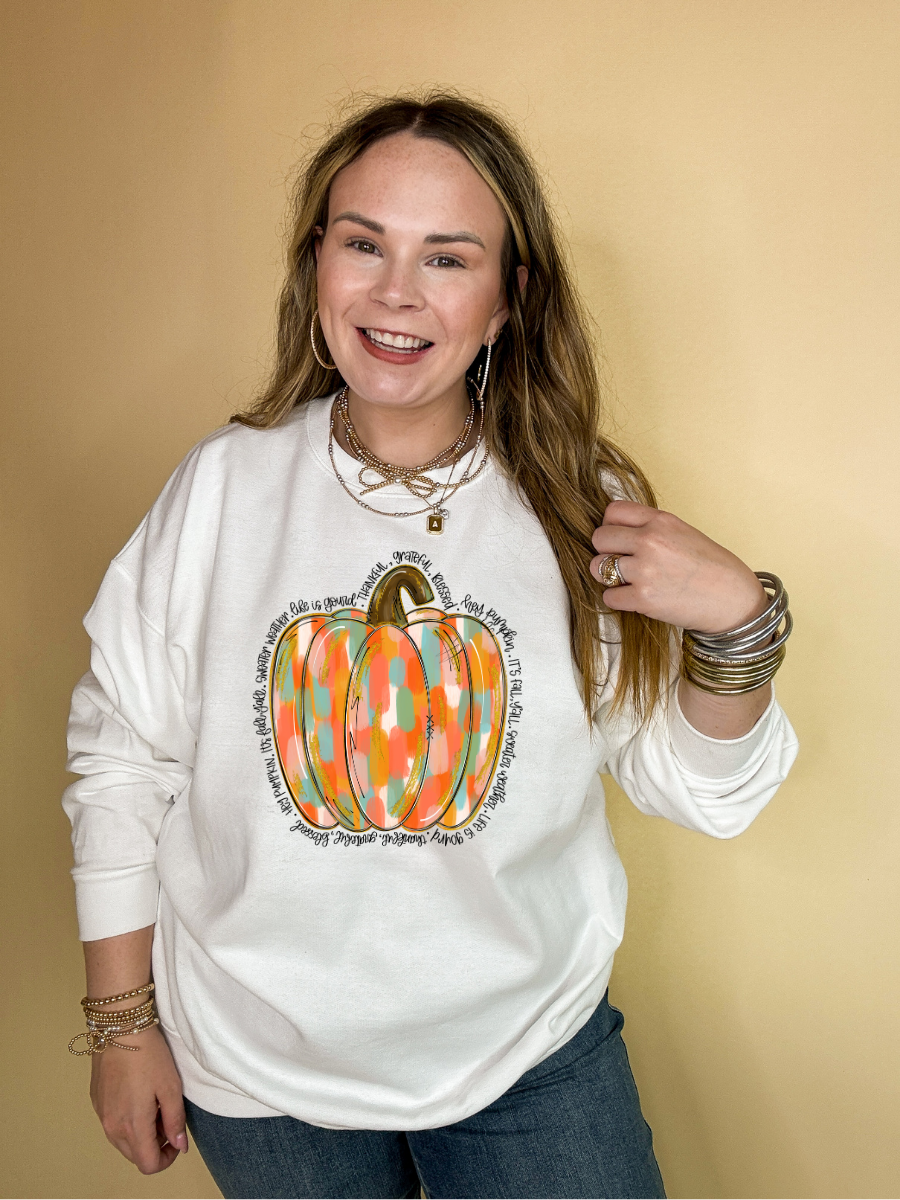 Online Exclusive | Positively Pumpkin Gold and Multi Colored Pumpkin with Fall Sayings Graphic Sweatshirt in Multiple Color Options