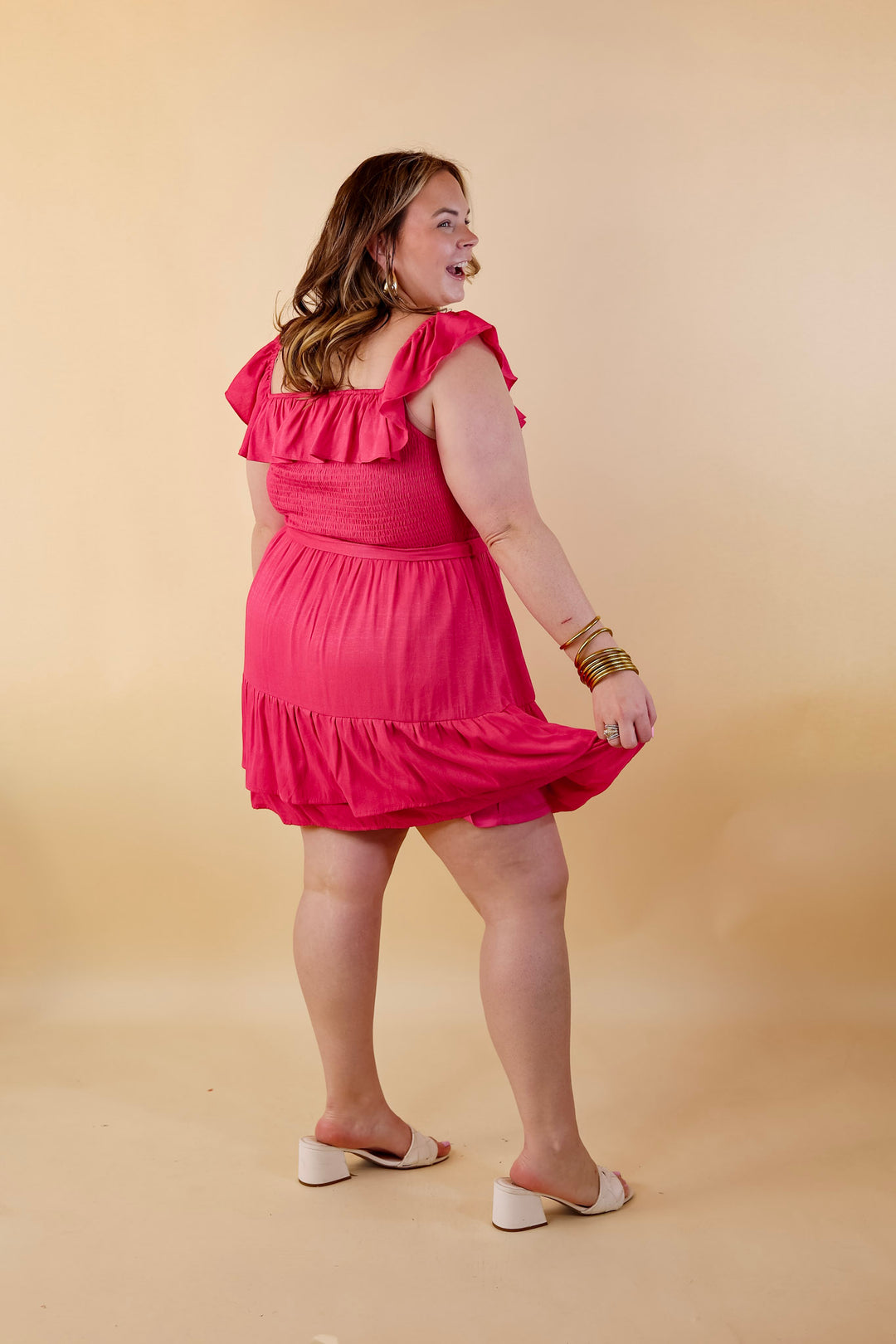 Feeling Refined Ruffle Tiered Dress with Smocked Bodice in Hot Pink - Giddy Up Glamour Boutique