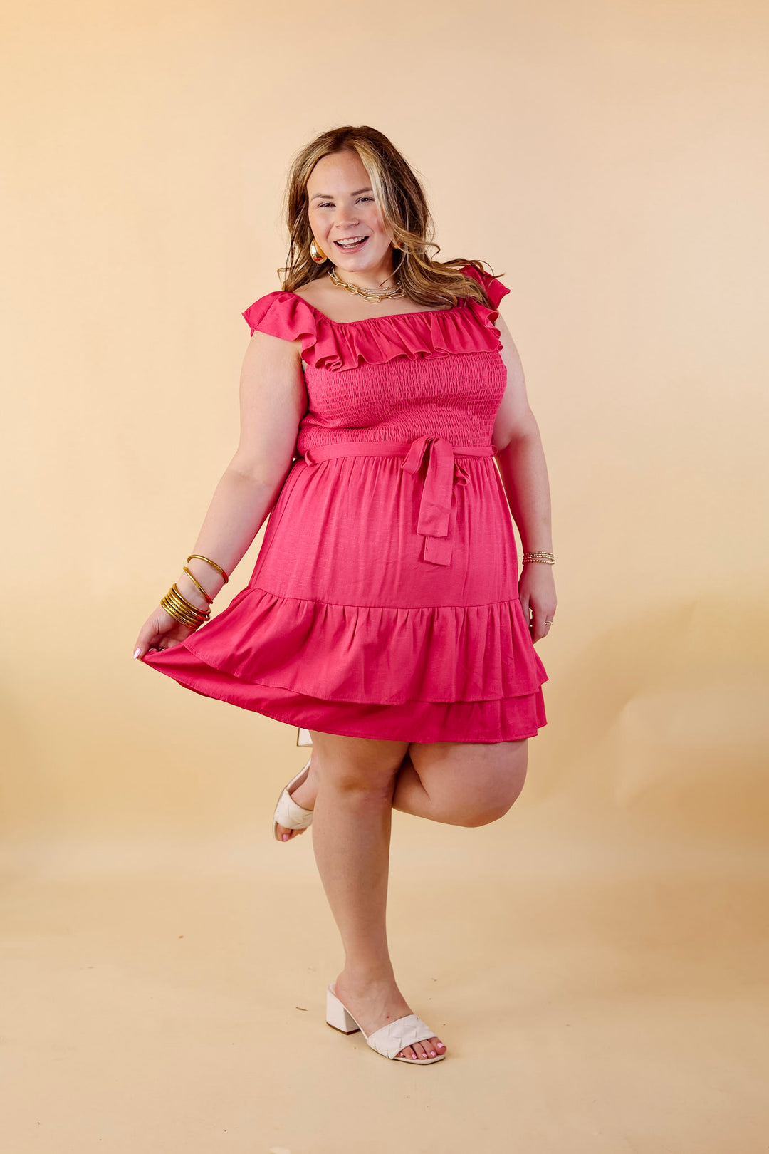 Ruffle Tiered Dress with Smocked Bodice in Hot Pink Giddy Up Glamour Boutique Ruffle Tiered Dress with Smocked Bodice in Hot Pink Giddy Up Glamour Boutique