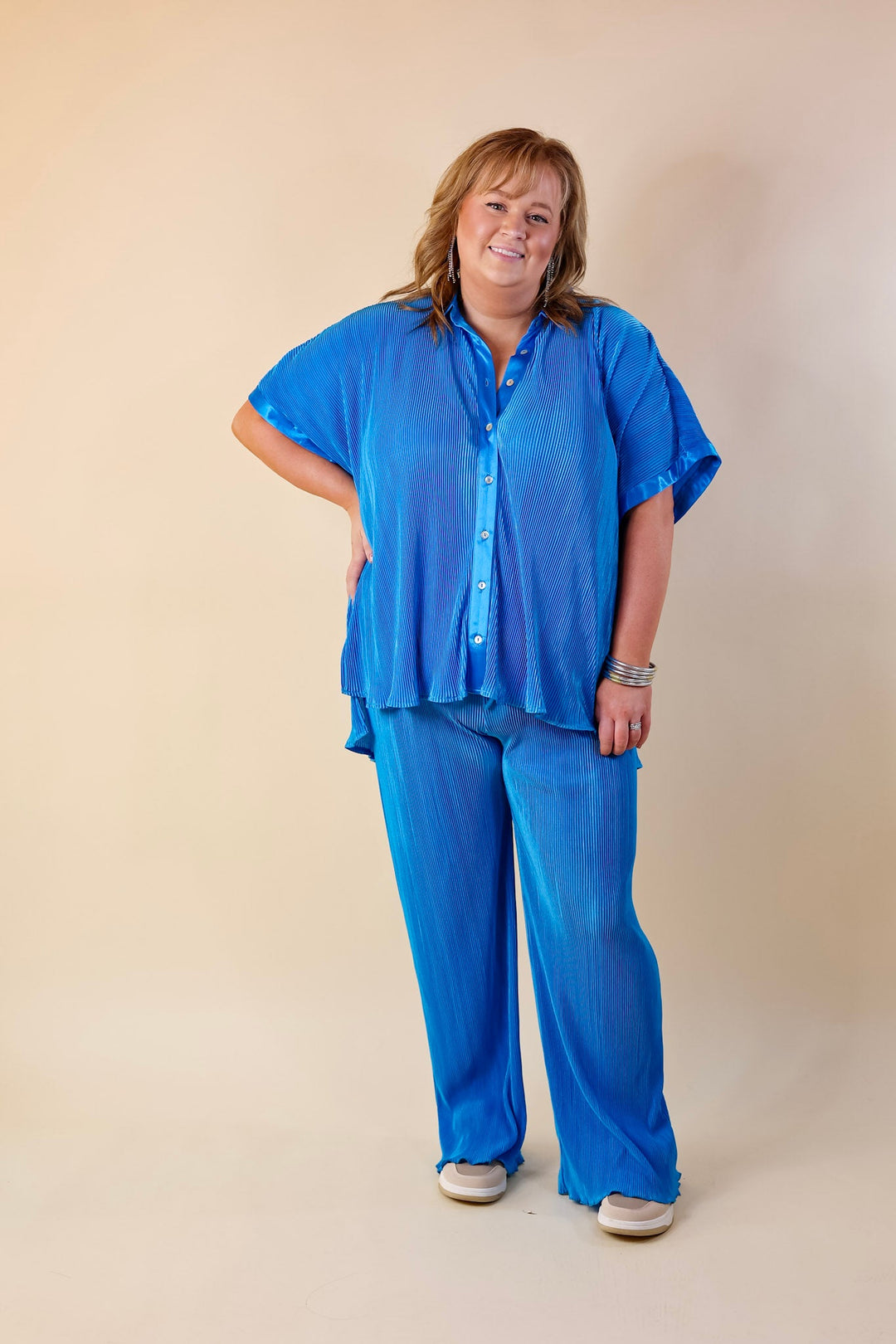 Walking In Paradise Plissé Drawstring Pants in Blue - Giddy Up Glamour Boutique