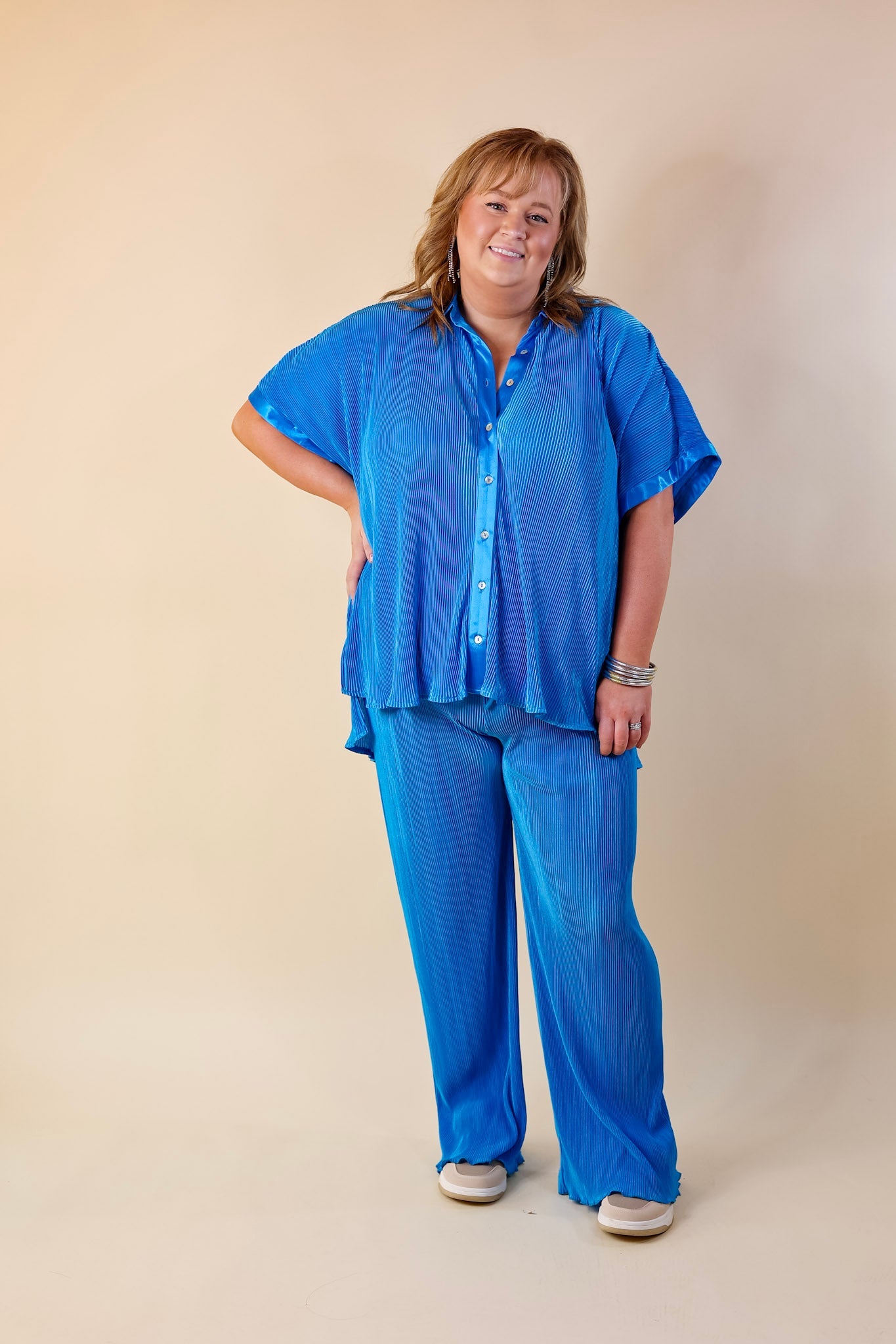 Walking In Paradise Plissé Button Up Top in Blue - Giddy Up Glamour Boutique