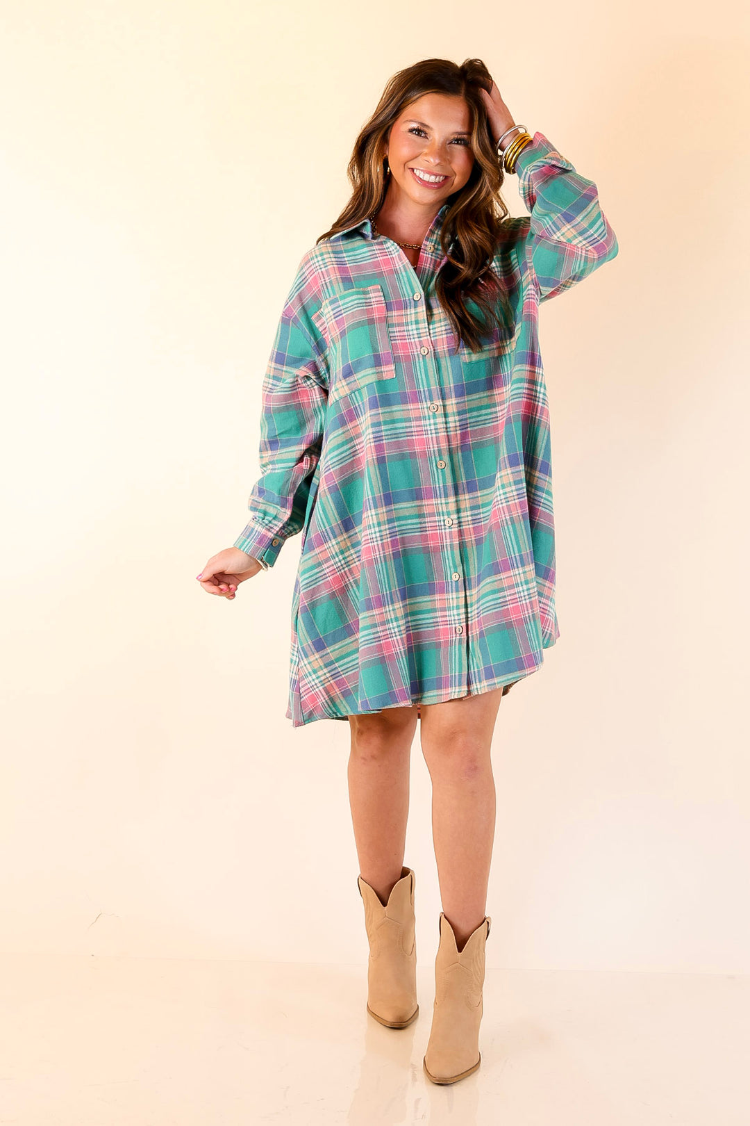 Vibrant Lifestyle Plaid Button Up Dress in Teal and Pink