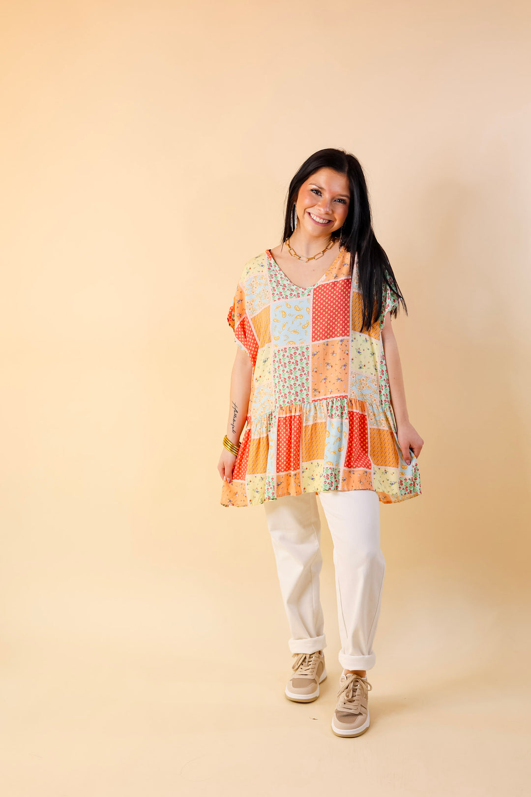 Divine Downtime Mix Patch Print Peplum Top in Orange Mix - Giddy Up Glamour Boutique